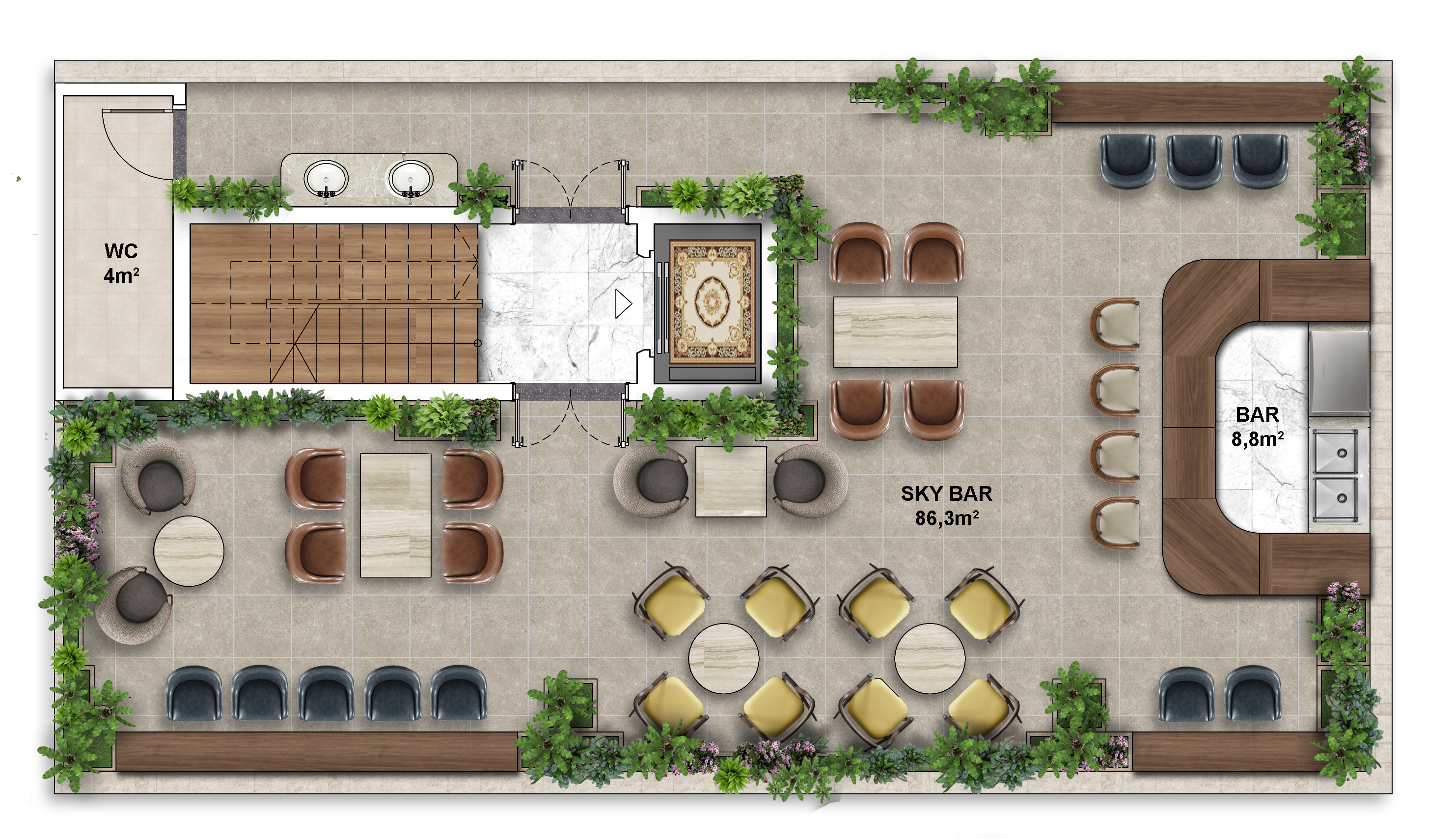Layout thiết kế Shophouse The Center Phú Quốc mặt tiền 15mx8 - Tầng mái